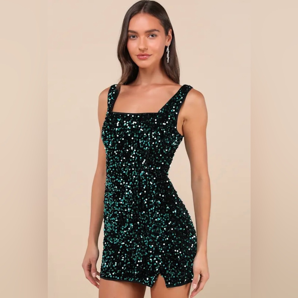 Seeing Sparkles Teal Velvet Sequin Square Neck Mini Dress
